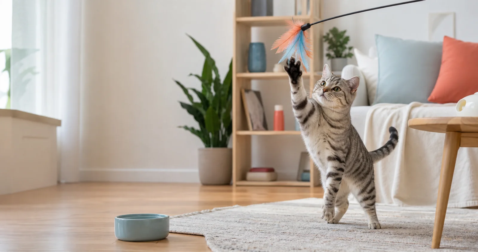 Chat adulte d’intérieur jouant dans un salon lumineux