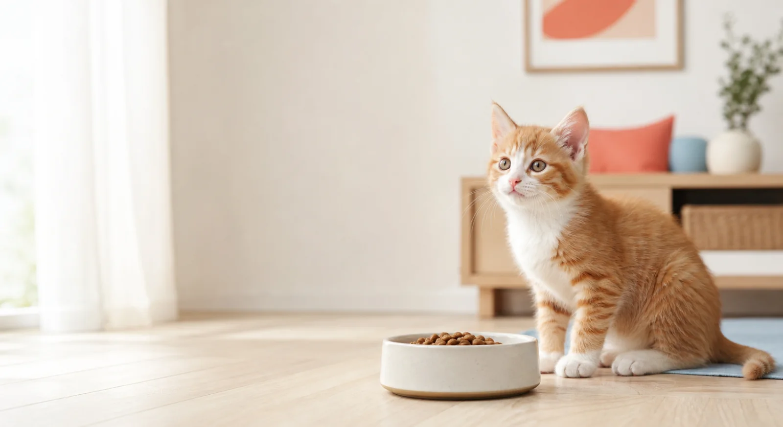 Jeune chaton roux près de sa gamelle dans une pièce lumineuse